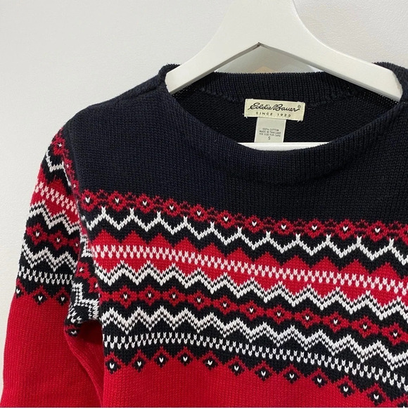 Eddie Bauer Vintage S Boat Neck Fairisle Red/Black Sweater 100% Baumwolle - Picture 3 of 14